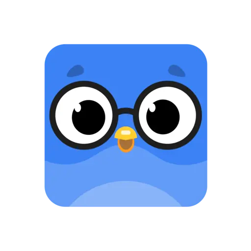 Simplified square icon version of blue owl mascot created for app and web use, designed by Horta Studio.