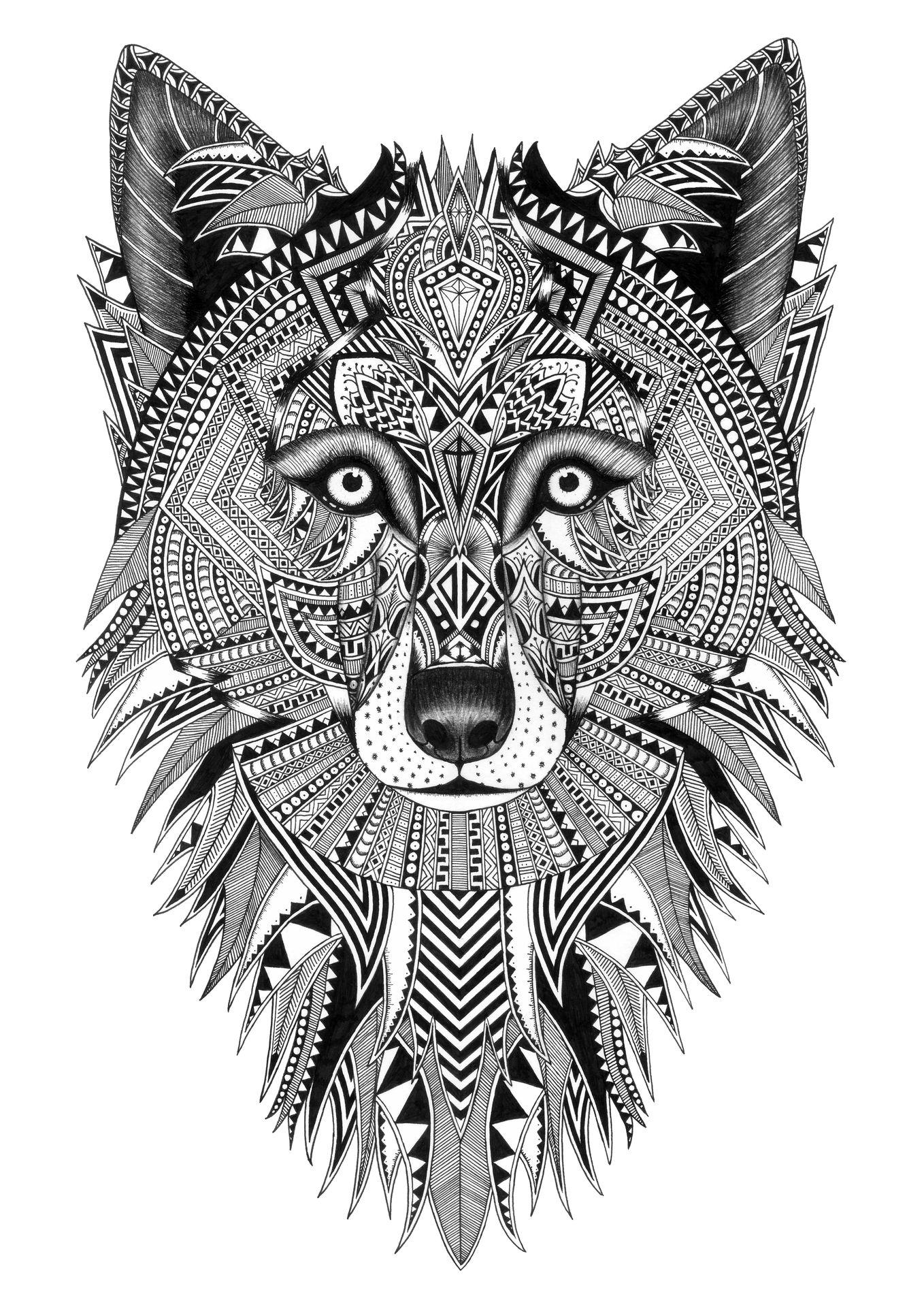 Hand-drawn geometric wolf illustration with detailed mandala-style patterns, converted to vector for printing on clothing, notebooks, and laser-etched products.